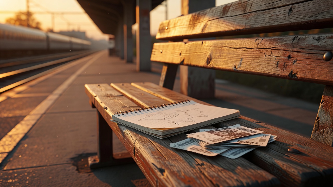 Route notebook and printed tickets on a station bench in hard evening light