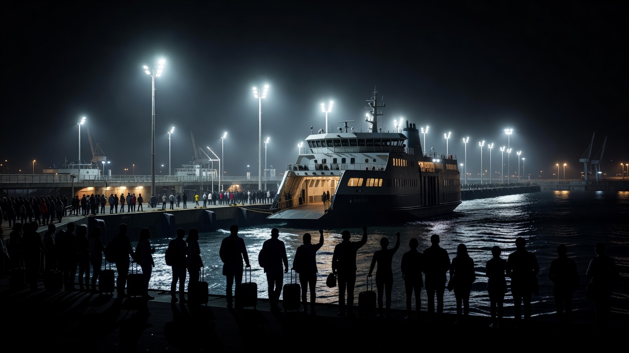 Ferry terminal at night with passengers silhouetted against bright floodlights on the quay