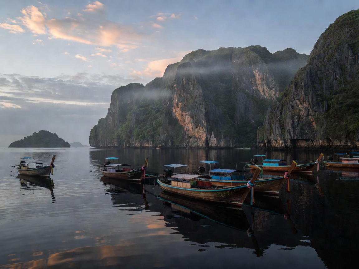 Longtail boats moored in a dark bay at dawn with limestone cliffs behind