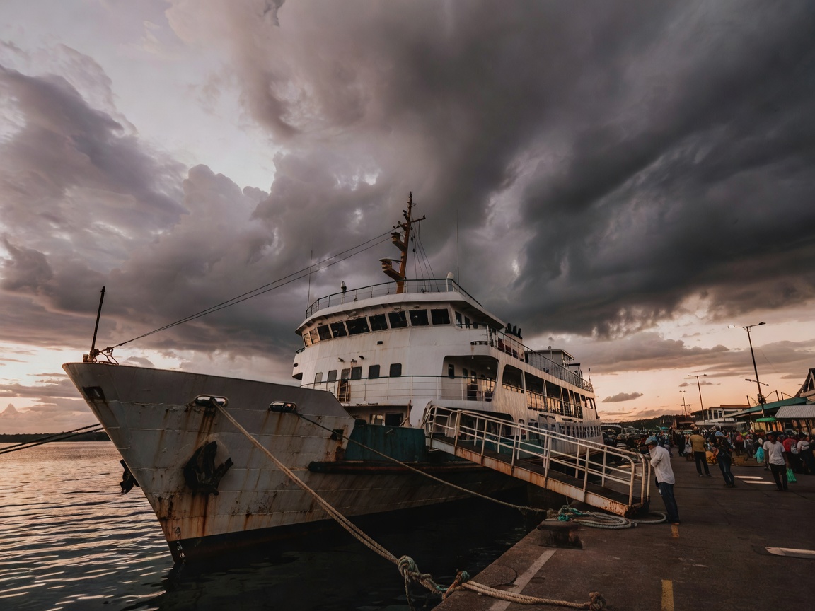 Inter-island ferry docked at a Philippine port in evening light with heavy clouds