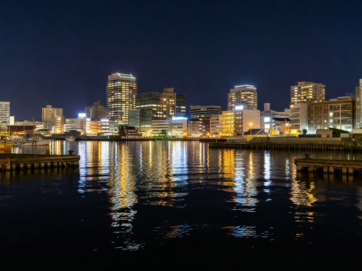 Fukuoka harbour at night with city lights reflected in dark water