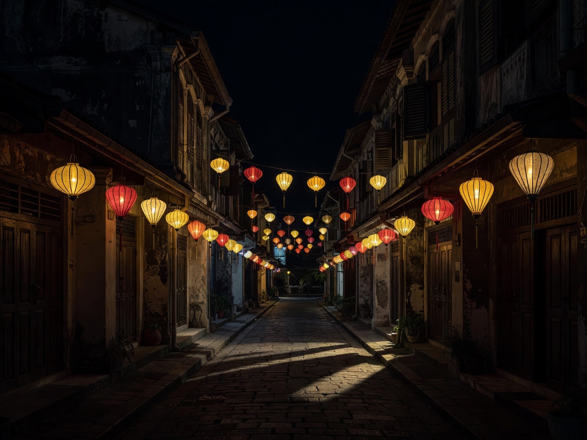 Old shophouse street in George Town at night with lanterns and deep shadows