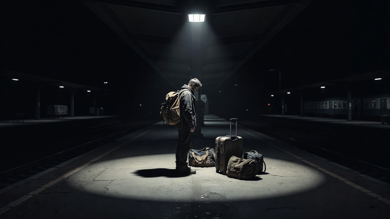 Traveller with a backpack on a dark station platform under a single strong overhead light