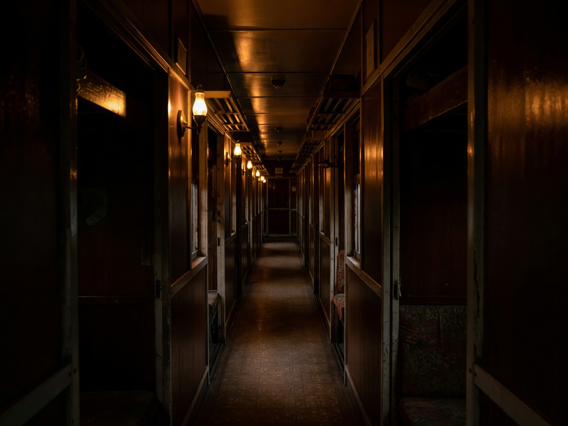 Narrow sleeper carriage corridor in Vietnam with warm lamps and deep shadows
