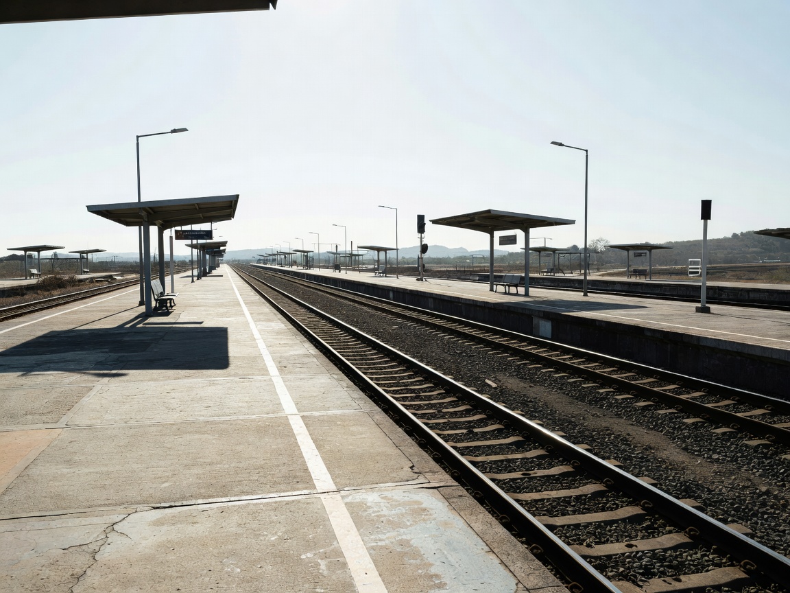 Long open railway platform near a border town under harsh midday light