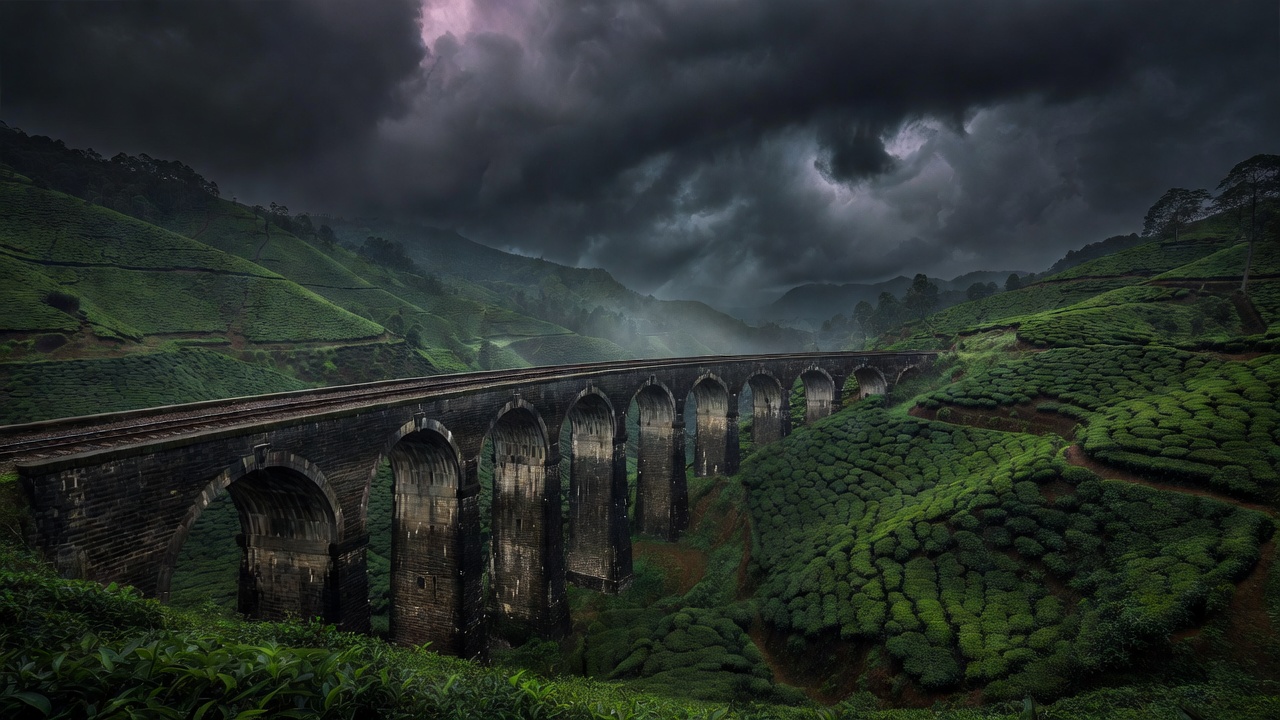 Stone railway viaduct crossing a dark green valley in tea country under stormy skies