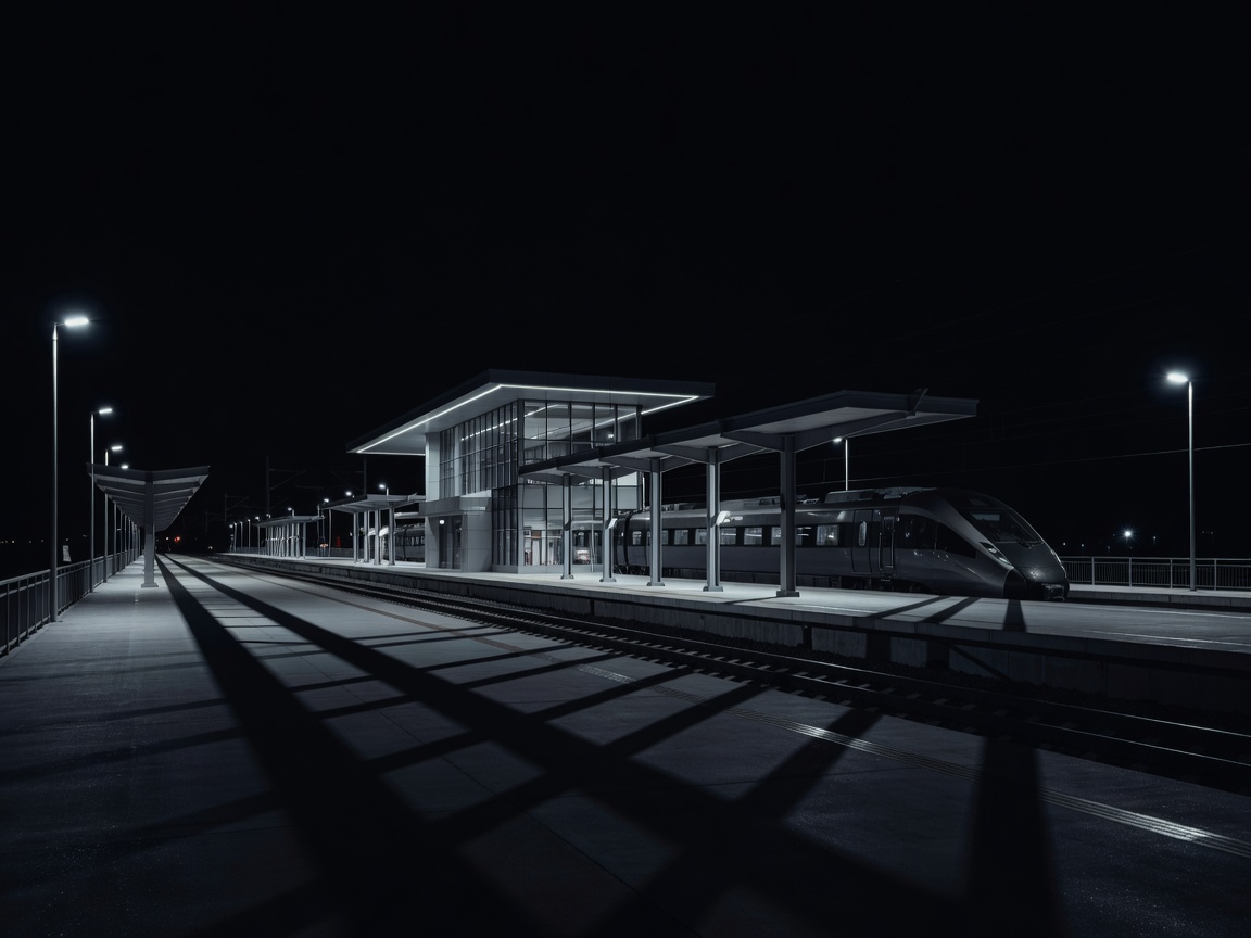 Modern railway station in Laos lit against a dark night sky with long platform shadows